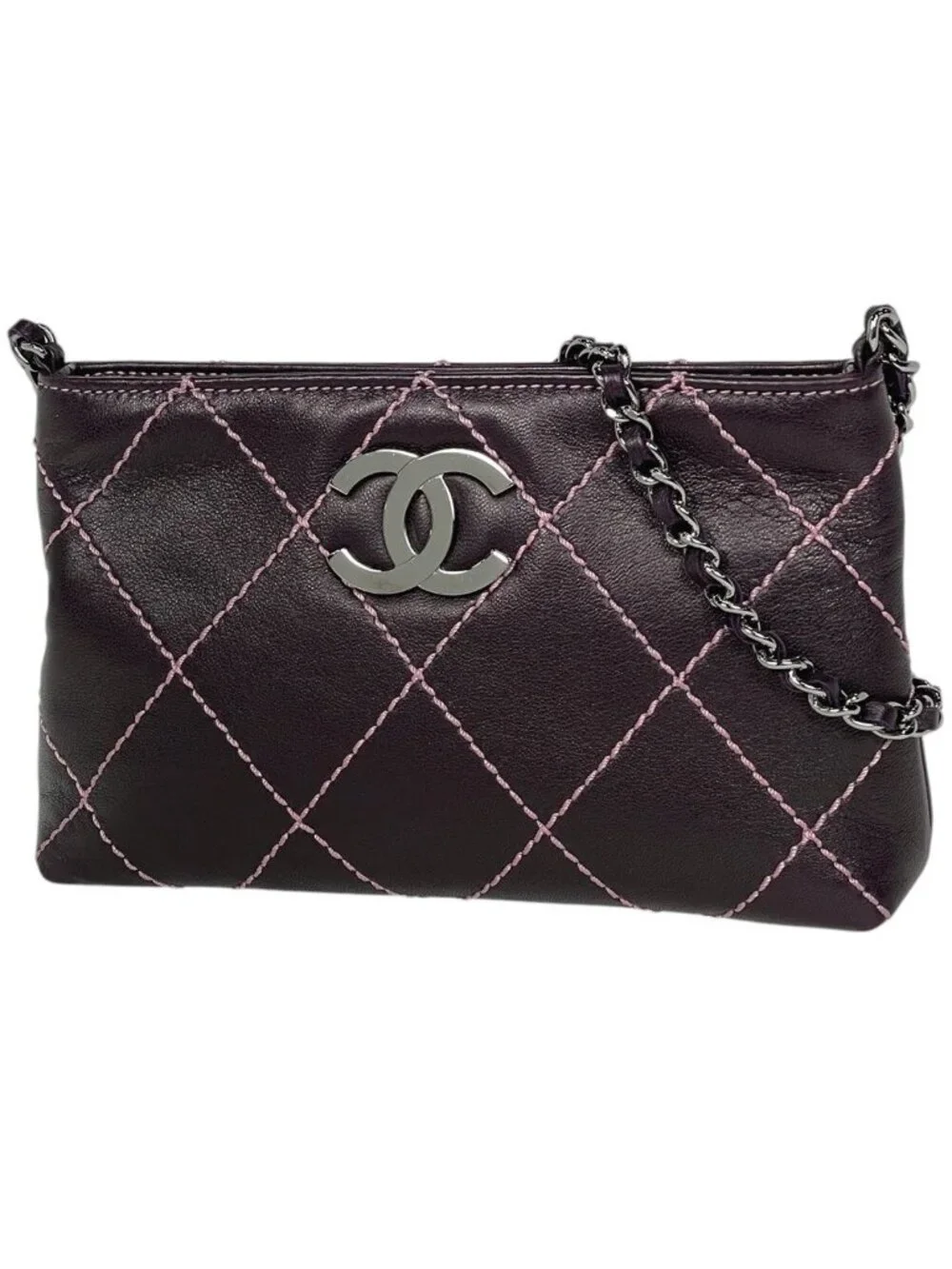 Chanel Pouch Wild Stitch CC Logo Leather Purple